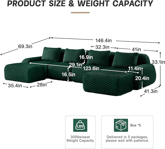 146" U-Shaped Compressed Sectional Cloud Sofa, Flannel Upholstered Modular Deep Seat Sofa with 6 Pieces, Symmetrical Boneless Foam Modular Cloud Couches for Living Room