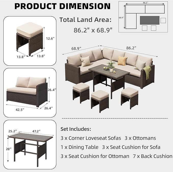 AECOJOY Outdoor Patio Furniture Set, 7 Pieces Clearance Sectional Rattan Dining Table&Chairs, All Weather Wicker Conversation Sofa Couch with Ottoman, Khaki Cushions&Brown Rattan