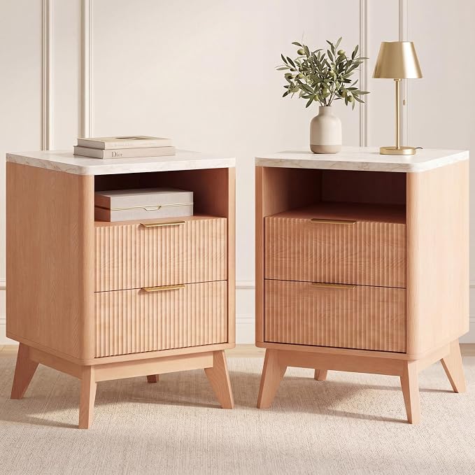 DUMOS Nightstand Set of 2 with Charging Station, 18" Bedside Table with with Faux Marble Top, Fluted Wood End Table with 2 Drawers, Mid-Century Modern Night Stand for Bedroom, Natural Oak by DumosLifestyle