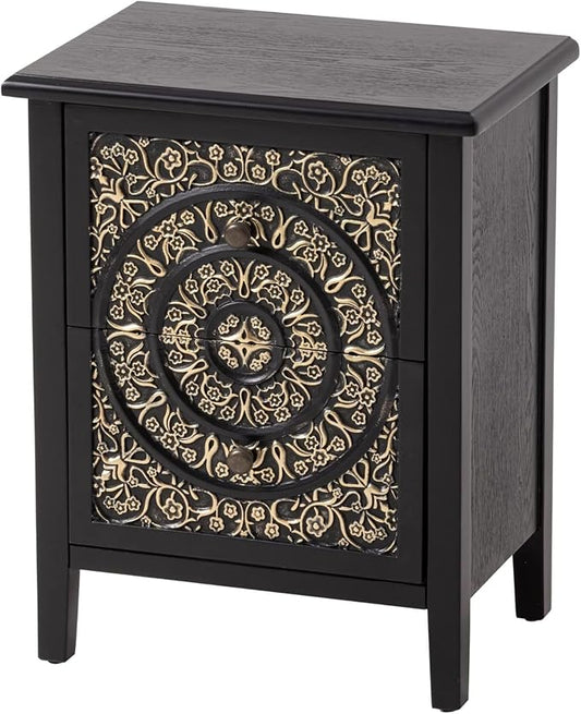 COZAYH 2-Drawer Fully-Assembled Flower Motif Nightstand for Small Spaces, French Country, Modern, Distressed Finish,Gold & Black by COZAYH