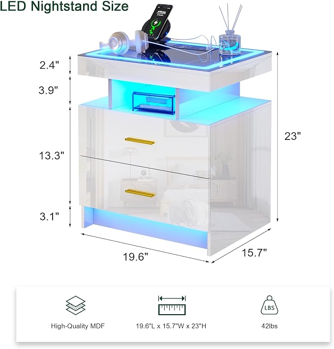 HNEBC LED Nightstand with Charging Station (USB,Type-C Ports) High Gloss Bedside Table with 2 Drawers, Smart Night Stand with Auto Sensor Lights,Modern Bed Side Table for Bedroom (White) - Image 2