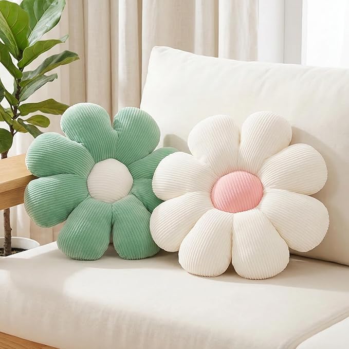 2 Pcs Sage Green Throw Pillow Decorative Flower Pillows for Room Decor, 15" Cute Aesthetic Flower Daisy Shaped Throw Pillows for Bedroom Bed Couch Chair Classroom (White+Green, 15.35 Inch)