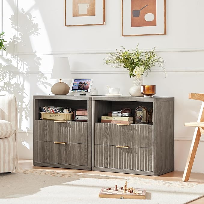 LEYAOYAO Fluted Farmhouse Nightstand Set of 2 with Charging Station, 23" Wide 2 Drawers End Table,Grey Dresser for Bedroom,Bed Side Table Chest of Drawers Cabinet,Wood Night Stand for Living Room - Image 4