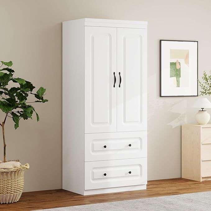 Armoire Wardrobe Closet with 2 Doors, White Cabinet with 2 Drawers and Clothes Storage Organizer, Modern Style with Hanging Rod Shleves Suitable for Bedroom(32" W x 20.5" D x 70.87" H)