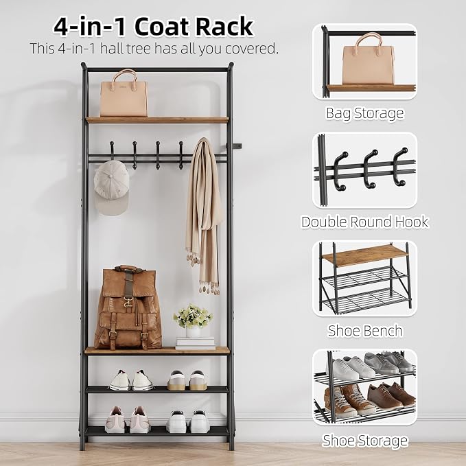 IDEALHOUSE Coat Rack Shoe Bench with 5 Hooks, Hall Trees Entryway Bench with Storage, Multifunctional Hallway Organizer, Wood Look Accent Furniture with Metal Frame for Entryway, Living Room, Bedroom - Image 2