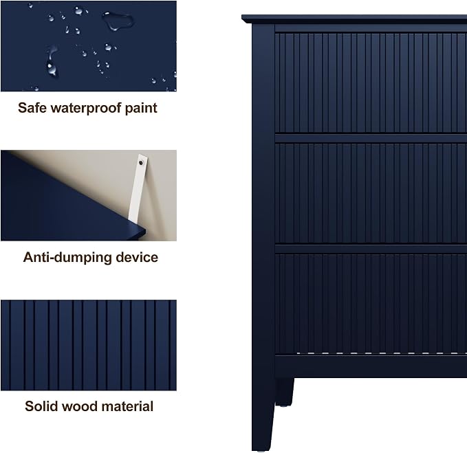 May in Color Large Blue Fluted 3 Drawer Dresser Set of 2, Chest of Drawers with Ball Bearing Slide Modern 30 inch Tall Wood Nightstand with Spacious Storage for Bedroom Hallway Living Room Entryway - Image 6