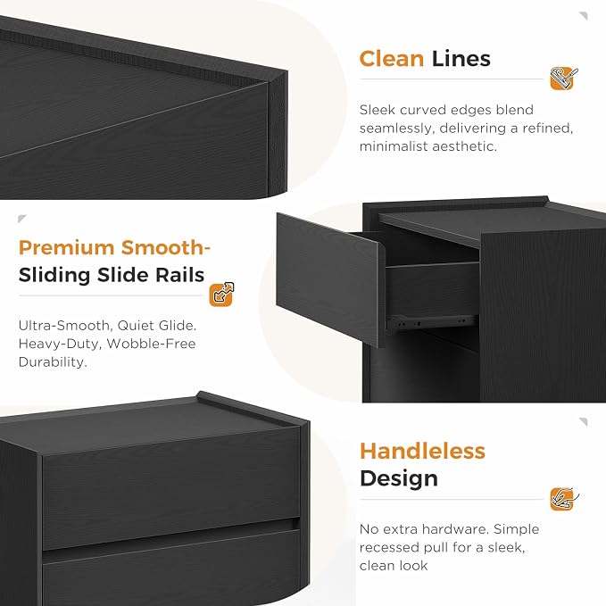 Nightstand Set of 2 with 3 Drawers, Modern with Spacious Storage Cabinet, Night Stand for Bedroom, 23.6" W x 15.6" D x 25.2" H,Black - Image 6
