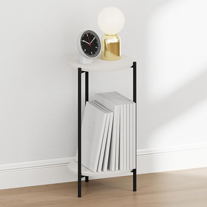 Furinno BESI Night Stand, 2-Tier Tall Round Nightstand with Metal Legs, Metal Frame Narrow End Table with Open Shelf, Side Table, Bedside Table, for Bedroom, Closet, Dorm, White - Image 3
