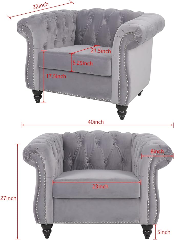 LEVNARY Velvet Chesterfield Chair, Mid-Century Modern Single Sofa Chair with Button Tufted Backrest and Nailhead Decor, Tufted Upholstered Rolled Armchair for Home Bedroom Reading Room (Gray)