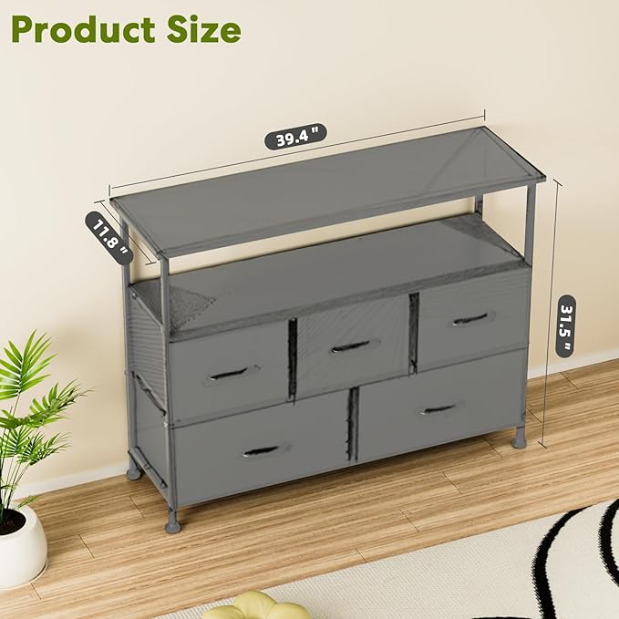 Simple Deluxe TV Stand Dresser for Bedroom Entertainment Center with 5 Fabric Drawers, Storage Organizers Units for Living Room, Media Console Table with Open Shelf up for 45" TV, Gray, Wood top