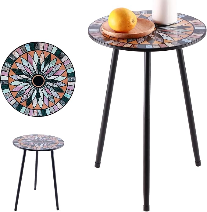 Party Zealot Metal Mosaic Round Side Tables Set of Two 13.4" Small Outdoor Patio Round Accent Coffee Tables Indoor Corner Stand for Small Spaces Weather-Resistant for Balcony Plant Stand - Image 9