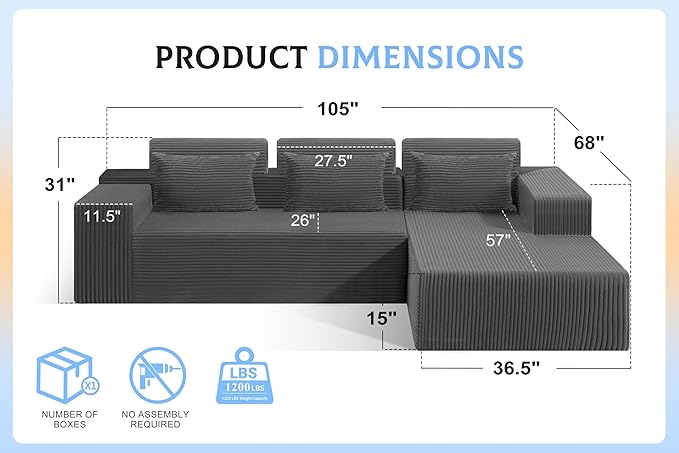 Homguava Modular Sectional Couches for Living Room,105" Cloud Couch with L-Shape Chaise,Comfy Sofa Living Room Sofas with Deep Seat,No Assembly L Couch,Corduroy Fabric(Grey,R)