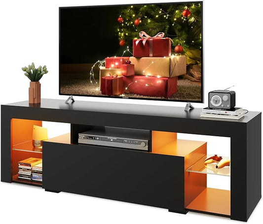 WLIVE TV Stand with LED Lights & 2 Large Storage Drawers, Modern Entertainment Center for 32/43/50/55/60 Inchs TVs, Sturdy TV Console for Living Room, Bedroom(Black) by WLIVE