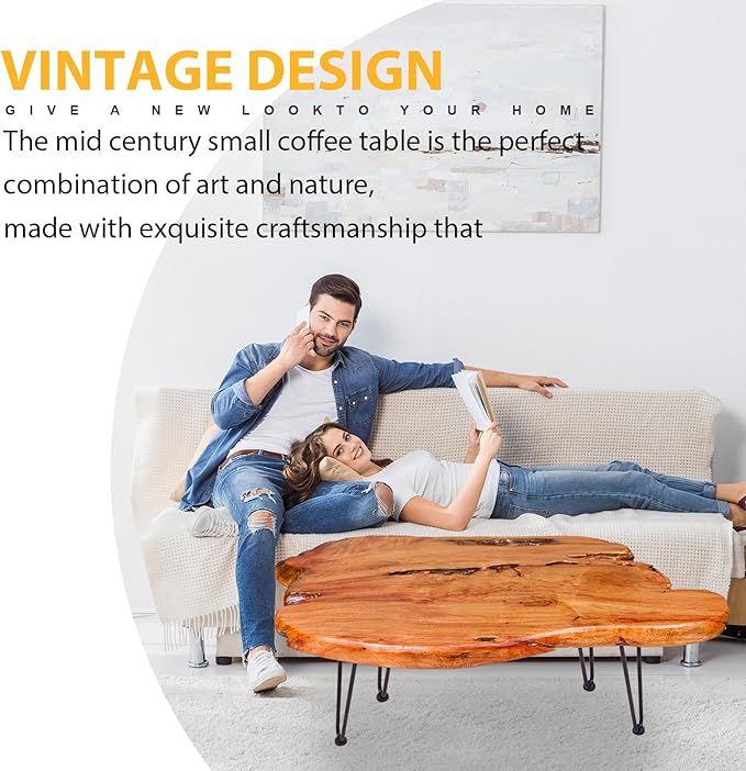 Live Edge Natural Wood Coffee Table - Handmade Center Table for Living Room, Rustic Modern Farmhouse & Contemporary Organic Design with Metal Hairpin Legs
