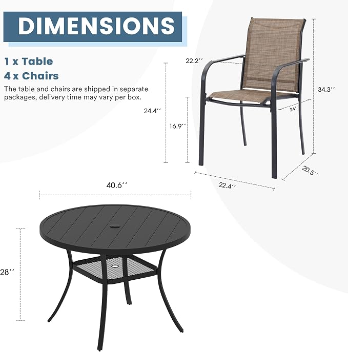 DIFY Outdoor Dining Set for 4, Patio Dining Furniture Set Includes 42" Black Round Table with Adjustable Umbrella Hole and 4 Brown Stackable Metal Chairs for Poolside, Garden, Backyard - Image 7