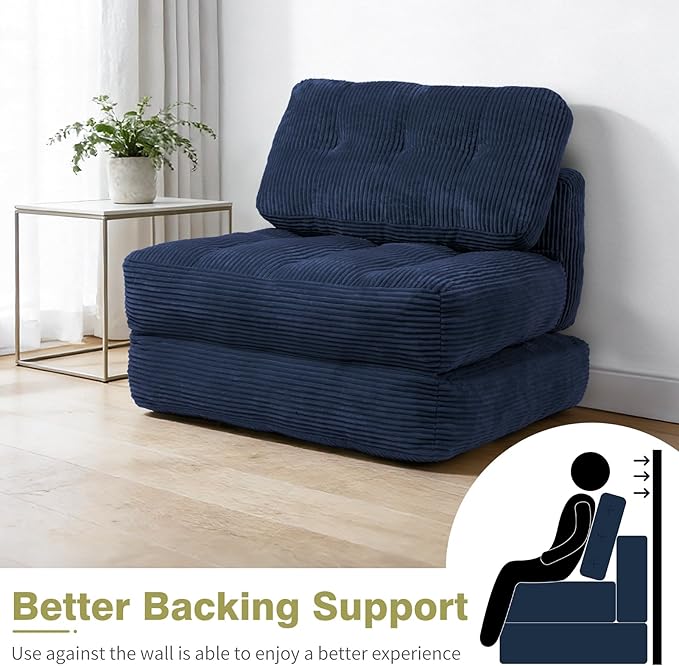 Art3d Folding Sofa Bed, Convertible Sleeper Sofa Bed with Pilow & Back Support, 3 in 1 Long Futon Boneless Couch, Comfy Floor Couch for Living Room, Bedroom, Navy Blue