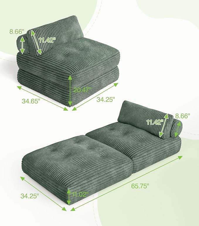 Plush Corduroy Folding Sofa Bed, Free Setup Floor Beds, 34" Boneless Couch for Small Spaces, Corner Chair, Convertible Sleeper Chair, Corner Couch, Foldable Sleeper Sofa Beds, Green