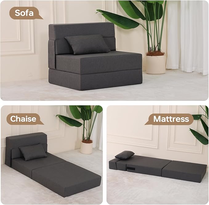 Folding Sofa Bed, Foldable Sleeper Chair with Pillow, Convertible Fold Out Chair Bed with Washable Cover, Foldable Mattress for Living Room, Bedroom, Guest Room, Single Size, Dark Grey