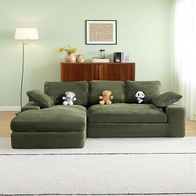 L Shaped 4 Seater Sofa, Modern Modular Sofa with 3 Back Cushions & 2 Coordinating Pillows, 98'' Corduroy Leisure Combination Couch with Wide Seat & High-Resilience Foam for Living Room, Green
