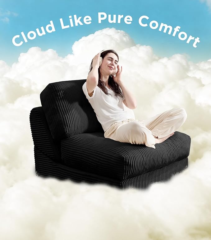 Tbfit Convertible Sleeper Chair, Adjustable Folding Sofa Bed with Large Pillow, Corduroy Folding Couch Bed, Portable & Foldable Mattress Boneless Floor Sofa for Living Room, RV, Office, Black, Single