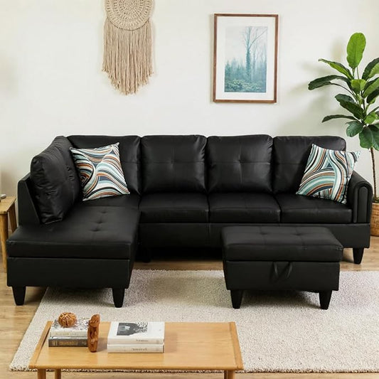 L-Shaped Sectional Sofa with Movable Chaise & Storage Ottoman, Leather 3-Piece Modular Convertible Couches for Living Room, Apartment & Office, Black