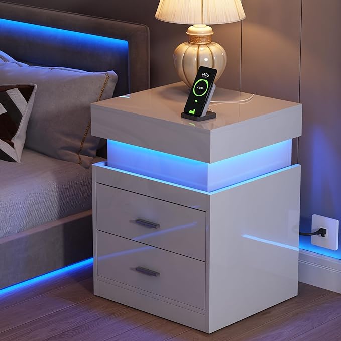 ChooChoo LED Nightstand with Charging Station, Smart Night Stand with Sliding Top Storage, 2-Drawers High Gloss Bedside Table, Modern End Table for Bedroom,White by ChooChoo