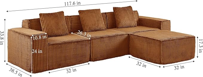 L-Shaped Corner Corduroy Sectional Sofa 4 Seat Modular Boneless Sofa Foam Cloud Couch with Movable Ottoman and Toss Pillows,Modern Deep Seat Convertible Chaise Sofa