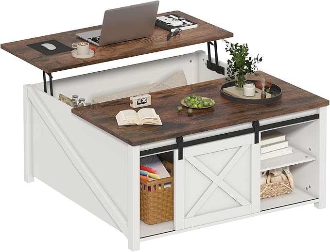 PUKAMI Lift Top Coffee Table with Storage, 31.5" Farmhouse Coffee Table for Living Room, Square Coffee Tables with Large Hidden Storage and Sliding Barn Doors, White