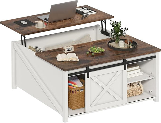 PUKAMI Lift Top Coffee Table with Storage, 31.5" Farmhouse Coffee Table for Living Room, Square Coffee Tables with Large Hidden Storage and Sliding Barn Doors, White
