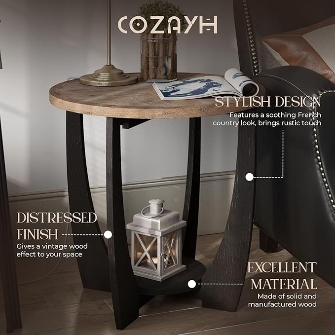 COZAYH Rustic Farmhouse End Table with Storage Shelf, French Country Modern Round Accent Side Table for Small Spaces, Wood Top & Black Base