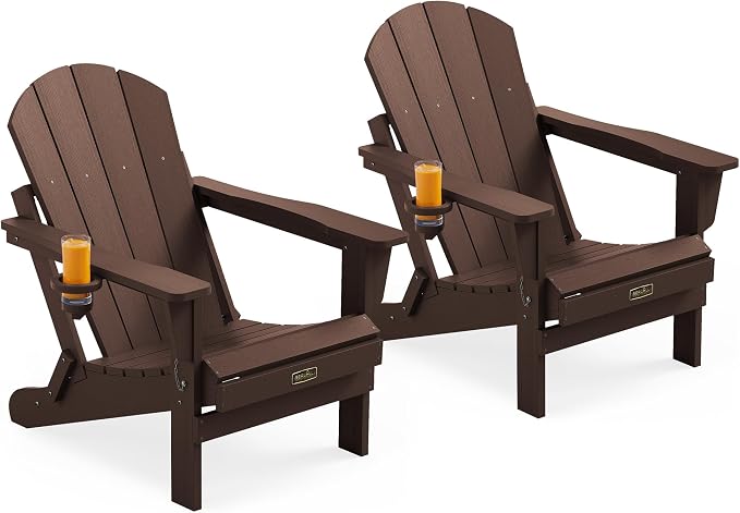 SERWALL Folding Adirondack Chair Set of 2, All Weather Adirondack Chairs with Cup Holder for Patio Garden Outdoors Fire Pit - Coffee by SERWALL