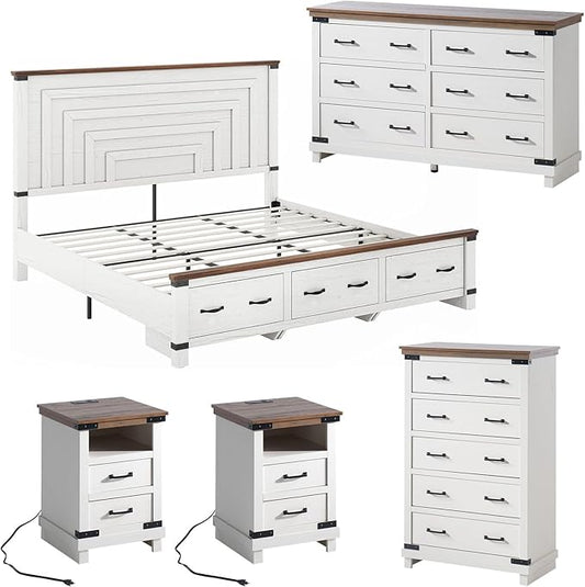 AMERLIFE 5-Piece Farmhouse Bedroom Set, Rustic Wood King Bed Frame with 51" Tall Headboard, 6-Drawer Dresser, 5-Drawer Tall Chest, Nightstands Set of 2 with Charging Station, White