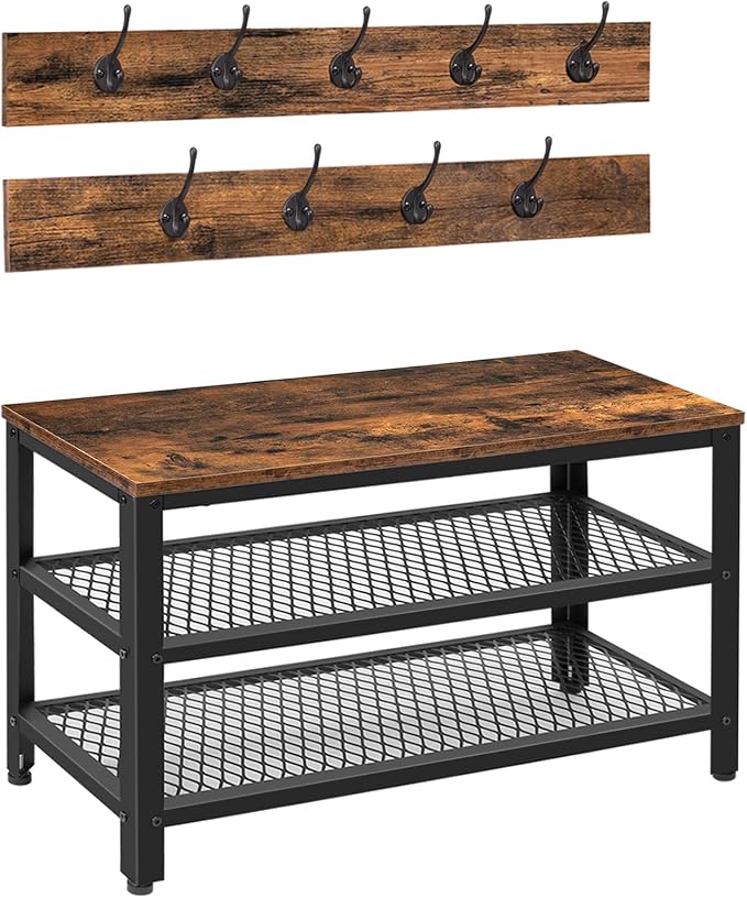 HOOBRO Hall Tree Entryway Storage Bench, Coat Rack Shoe Bench, Shoe Rack Organizer with Coat Hooks, 3-in-1 Design, Wooden Furniture with Metal Frame, Rustic Brown and Black BF17MT01 by HOOBRO
