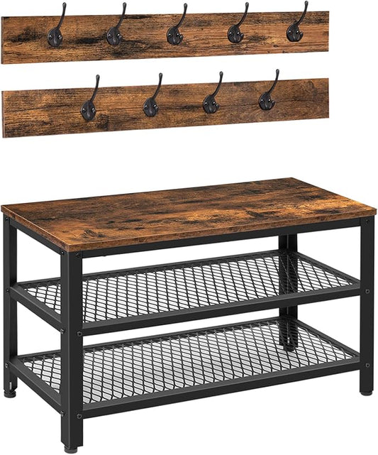 HOOBRO Hall Tree Entryway Storage Bench, Coat Rack Shoe Bench, Shoe Rack Organizer with Coat Hooks, 3-in-1 Design, Wooden Furniture with Metal Frame, Rustic Brown and Black BF17MT01 by HOOBRO