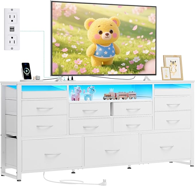 WLIVE White Dresser TV Stand for 55, 60, 65 inch TV, Entertainment Center with LED Lights & Charging Station, TV Media Console Table with 13 Fabric Drawers and Open Shelves for Living Room, Wood Top by WLIVE