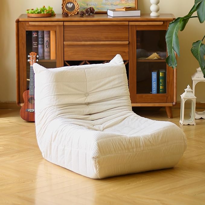 N&V Fireside Floor Sofa- Mid-Century Modern Armless Lounge Chair with Premium Soft Corduroy Fabric, Plush Foam Cushion Accent Chair for Living Room, Bedroom & Office (White)