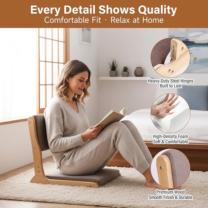 Tiita Floor Chair with Back Support, Foldable Meditation Tatami Chairs, Backrest Chair with Cushion, Living Room Chair Seat 4 Pack, Wood Grey