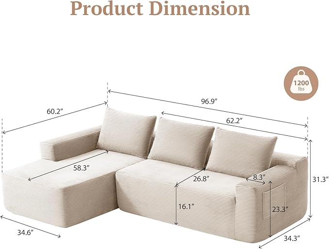 97inch Boneless L-Shaped Sectional Sofa with Throw Pillow & Side Pockets- No Assembly Compressed Modular Couch, Memory Foam, Deep Seat for Living Room, Bedroom, Apartment White Left