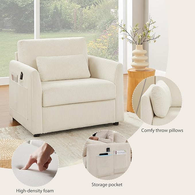 Modern Corduroy Accent Chairs, 38" W Comfy Armchair with Soft Pillows and Side Pockets, Single Reading Chairs for Living Room, Bedroom, Apartment, Beige