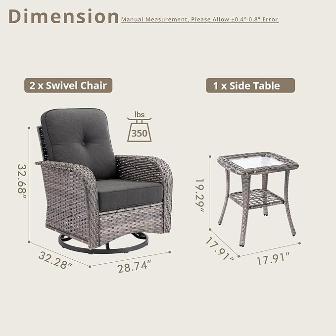Weaxty Outdoor Swivel Rocker Patio Chairs, 3 Pieces Patio Furniture Set with Rocking Chair and Wicker Side Table, Outdoor Furniture Conversation Set for Porch, Deck, Yard, Balcony, Black