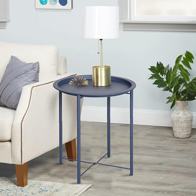 VECELO Side/End Table, Folding Round Metal Anti-Rust and Waterproof Outdoor or Indoor Tray for Living Room Bedroom Balcony and Office, 1 PCS, Blue - Image 3