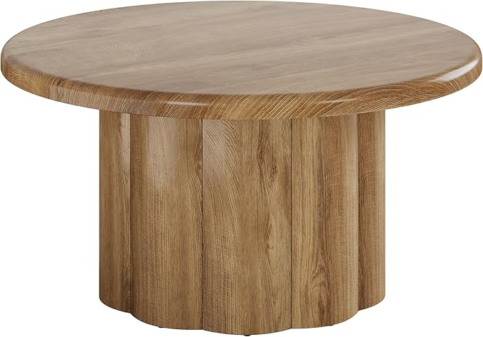 Tribesigns 31.5" Round Coffee Table for Living Room, Farmhouse Circle Center Cocktail Table with Fluted Drum Base, Wooden Living Room Furniture for Apartment, Small Space, Brown
