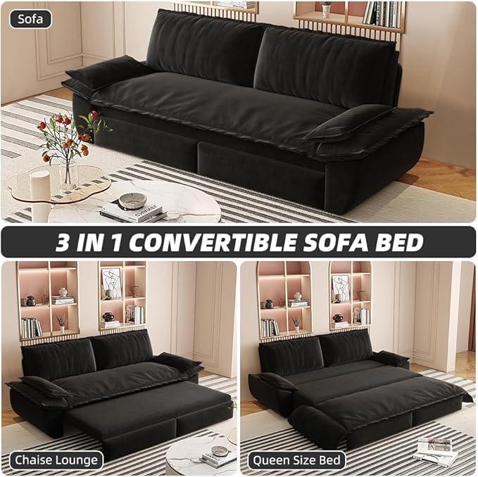 3-in-1 Convertible Sofa Bed Queen Size Pull Out Sleeper Sofa with Heavy Duty Metal Frame, Luxurious Velvet Upholstered Loveseat with 2 Pillows, Modern Folding Guest Bed for Living Room, Apartment