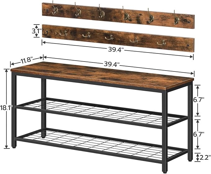 HOOBRO Hall Tree with Bench, Coat Rack Shoe Bench Set, Entryway Shoe Rack with Coat Hooks, Hall Tree, 39.4" L x 11.8" W x 18.1" H, Industrial, for Front Door, Rustic Brown BF071MT01G1 - Image 4