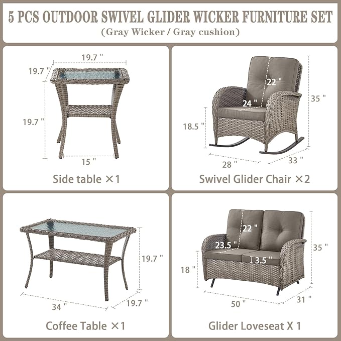 Belord 5 Piece Outdoor Conversation Patio Furniture Set - All-Weather Wicker Patio Rocking Chairs with Loveseat Glider Chair and Coffee Table for Patio Deck Porch Backyard Gray Wicker Gray Cushion