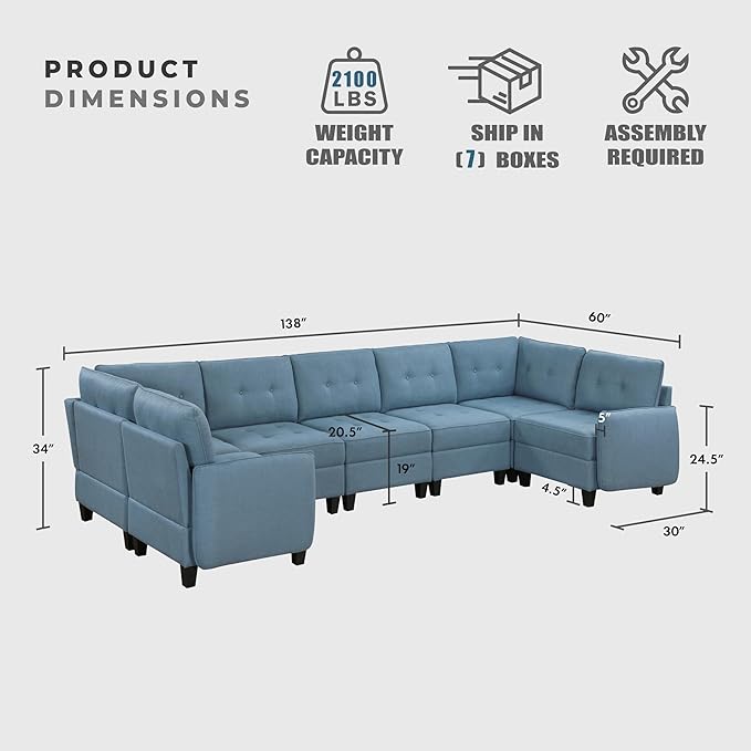 Lexicon U Shape Sectional Couch with Hidden Storage, Textured Fabric Modular Sectional Sofa with Button-Tufted Design, Reversible Back Cushion, 7 Seater Large Sofa, Blue