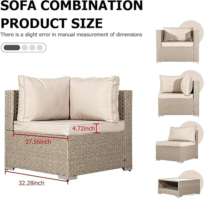 7-Piece Wicker Patio Furniture Set, Outdoor Conversation Set Sectional Sofa with Water Resistant Thick Cushions and Coffee Table, Beige
