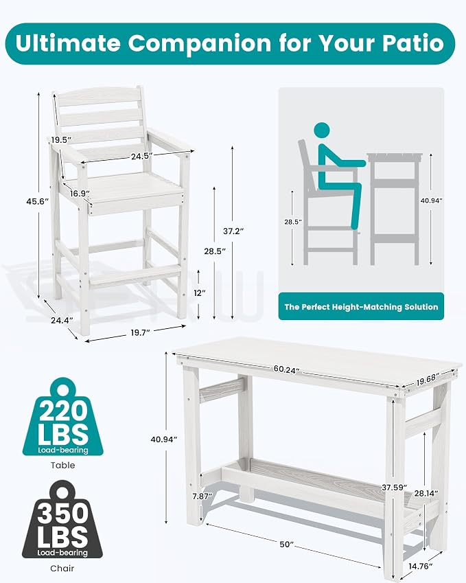 SERWALL Outdoor Bar Set with 9ft Umbrella, All-Weather HDPE Patio Bar Chairs and Table, Outdoor Furniture Set, White (Umbreall Base not Included) - Image 4