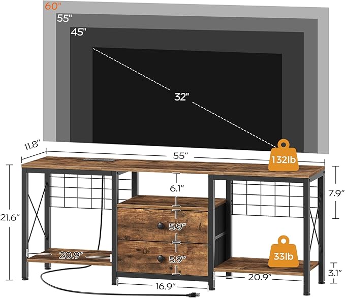 YATINEY TV Stand with Power Outlet Up to 60 Inch, Entertainment Center with 2 Fabric Drawers, TV Console Table with Open Storage Shelves for TVs, Cable Management, for Living Room, Bedroom, DS14UBRY1 - Image 2