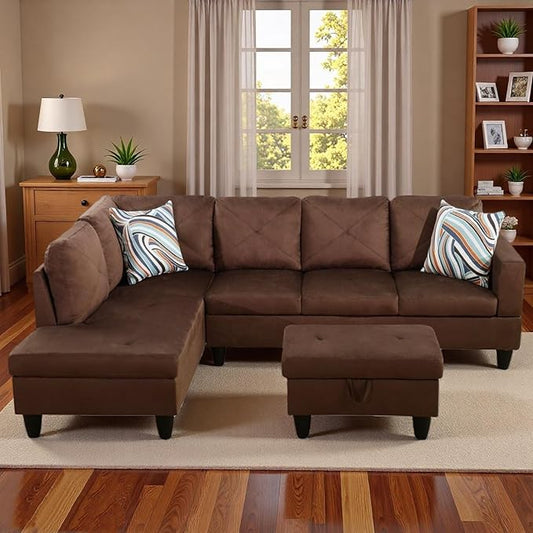3-Piece L-Shaped Modular Leather Sofa – Convertible Sectional Couch with Movable Chaise & Storage Ottoman, Multi-Scene Use for Living Room, Apartment & Office, Brown